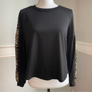 W5 Black Women's Top with Embroidered Floral Patterned Sleeves Size Small